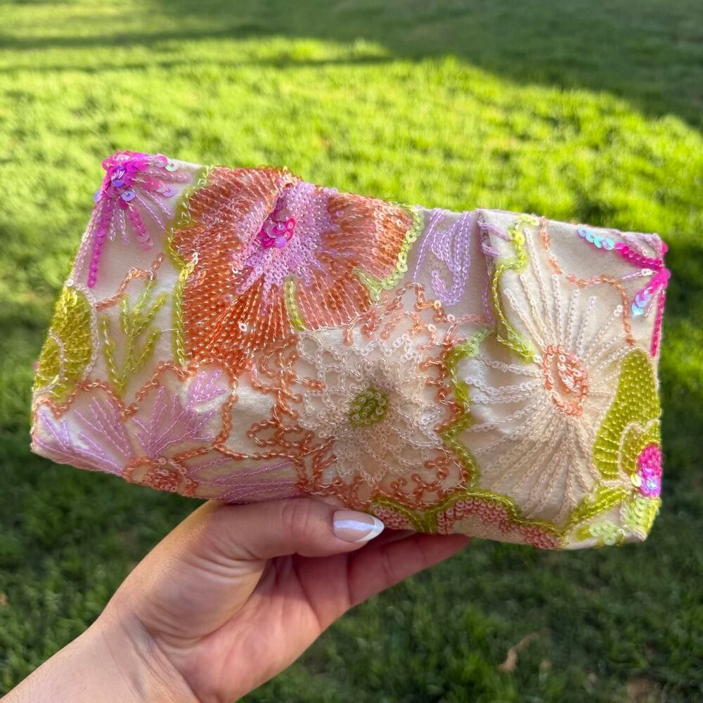 Pink & green floral embroidered clutch with sequins and beads